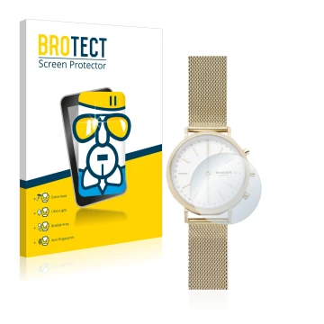 Front side of a product packaging with the brand logo BROTECT. Next to it is the device Skagen Hybrid Smartwatch Mini Hald (34