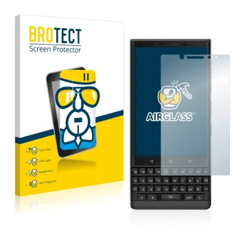 Front side of a product packaging with the brand logo BROTECT. Next to it is the device BlackBerry Key2 shown with the corresp