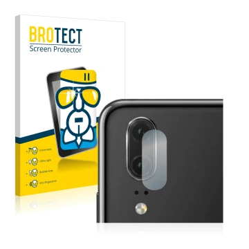 Front side of a product packaging with the brand logo BROTECT. Next to it is the device Huawei P20 (ONLY Camera Lens) shown wi