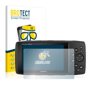 Front side of a product packaging with the brand logo BROTECT. Next to it is the device Garmin GPSMAP 276Cx shown with the cor