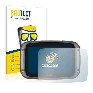Front side of a product packaging with the brand logo BROTECT. Next to it is the device TomTom Rider 500 shown with the corres