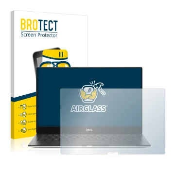 Front side of a product packaging with the brand logo BROTECT. Next to it is the device Dell XPS 13 9370 shown with the corres