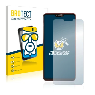 Front side of a product packaging with the brand logo BROTECT. Next to it is the device Oppo R15 Pro shown with the correspond