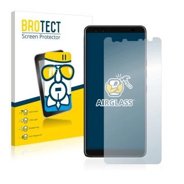Front side of a product packaging with the brand logo BROTECT. Next to it is the device HTC U12 Plus shown with the correspond