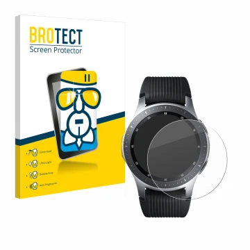 Front side of a product packaging with the brand logo BROTECT. Next to it is the device Samsung Galaxy Watch (46 mm) shown wit