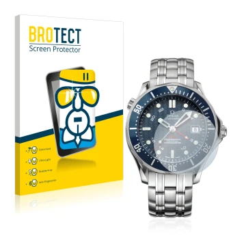 Front side of a product packaging with the brand logo BROTECT. Next to it is the device Omega Seamaster Diver (41 mm) shown wi