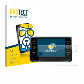 Front side of a product packaging with the brand logo BROTECT. Next to it is the device Volkswagen Polo 2018 Composition Media