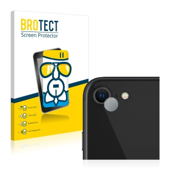 Front side of a product packaging with the brand logo BROTECT. Next to it is the device Apple iPhone SE 2 2020 (ONLY Camera Le