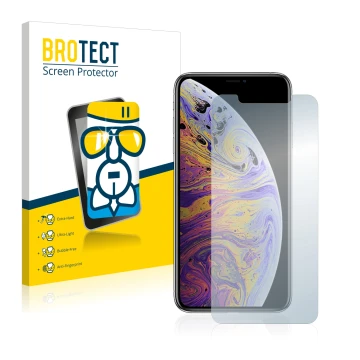 Front side of a product packaging with the brand logo BROTECT. Next to it is the device Apple iPhone Xs Max shown with the cor