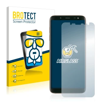 Front side of a product packaging with the brand logo BROTECT. Next to it is the device Samsung Galaxy J6 2018 shown with the 