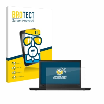 Front side of a product packaging with the brand logo BROTECT. Next to it is the device Lenovo ThinkPad T480 shown with the co