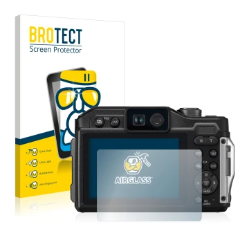 Front side of a product packaging with the brand logo BROTECT. Next to it is the device Panasonic Lumix DC-FT7 shown with the 