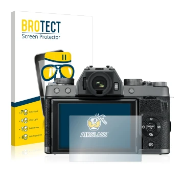 Front side of a product packaging with the brand logo BROTECT. Next to it is the device Fujifilm X-T100 shown with the corresp