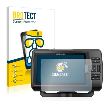 Front side of a product packaging with the brand logo BROTECT. Next to it is the device Garmin Striker Plus 7cv shown with the
