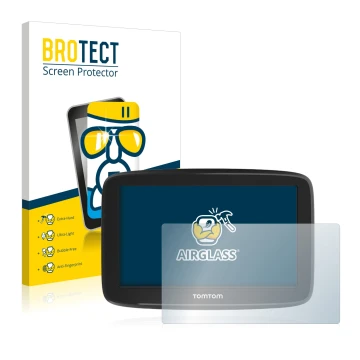 Front side of a product packaging with the brand logo BROTECT. Next to it is the device TomTom GO Basic 5