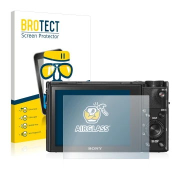 Front side of a product packaging with the brand logo BROTECT. Next to it is the device Sony Cyber-Shot DSC-RX100 VI shown wit