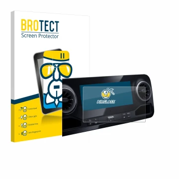 Front side of a product packaging with the brand logo BROTECT. Next to it is the device Mercedes-Benz Sprinter 2018 MBUX 7