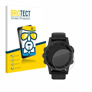 Front side of a product packaging with the brand logo BROTECT. Next to it is the device Garmin Fenix 5S Plus (42 mm) shown wit