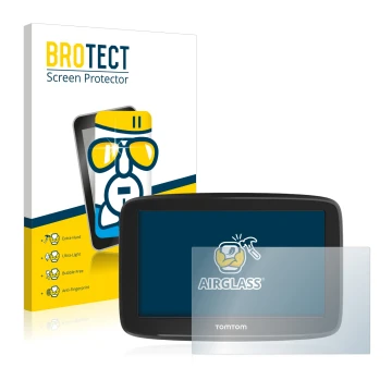 Front side of a product packaging with the brand logo BROTECT. Next to it is the device TomTom GO Basic (6