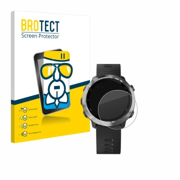 Front side of a product packaging with the brand logo BROTECT. Next to it is the device Garmin Forerunner 645 Music shown with