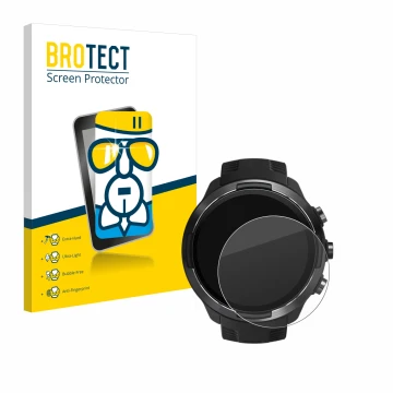 Front side of a product packaging with the brand logo BROTECT. Next to it is the device Suunto 9 shown with the corresponding 
