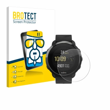 Front side of a product packaging with the brand logo BROTECT. Next to it is the device Suunto 3 Fitness shown with the corres