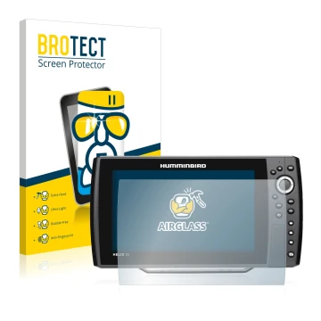 Front side of a product packaging with the brand logo BROTECT. Next to it is the device Humminbird Helix 10 shown with the cor