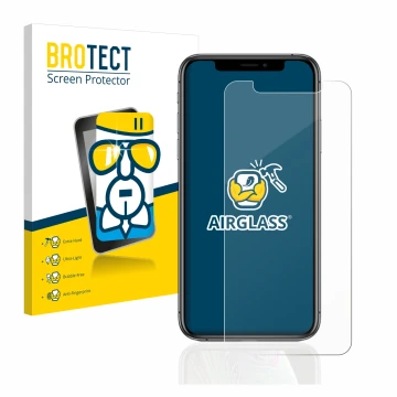 Front side of a product packaging with the brand logo BROTECT. Next to it is the device Apple iPhone Xs shown with the corresp