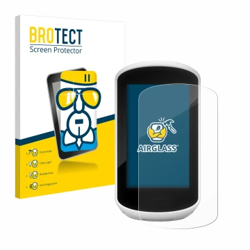 Front side of a product packaging with the brand logo BROTECT. Next to it is the device Garmin Edge Explore 2018 shown with th