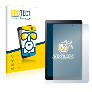 Front side of a product packaging with the brand logo BROTECT. Next to it is the device Samsung Galaxy Tab A 10.5 2018 LTE sho