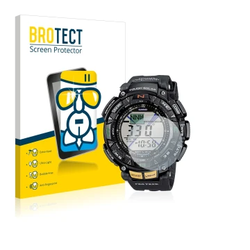 Front side of a product packaging with the brand logo BROTECT. Next to it is the device Casio Pro Trek PRG-240-1ER shown with 