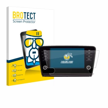 Front side of a product packaging with the brand logo BROTECT. Next to it is the device Skoda Amundsen Superb 2018 Infotainmen