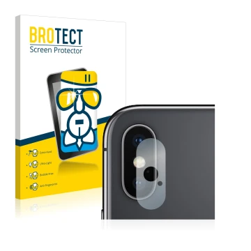 Front side of a product packaging with the brand logo BROTECT. Next to it is the device Apple iPhone Xs (ONLY Camera Lens) sho