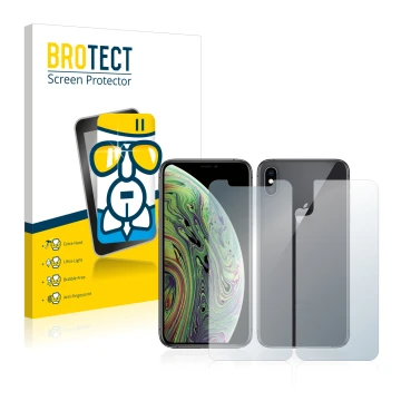 Front side of a product packaging with the brand logo BROTECT. Next to it is the device Apple iPhone Xs (Front+Back) shown wit