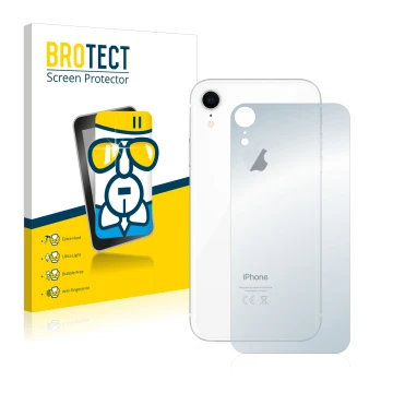 Front side of a product packaging with the brand logo BROTECT. Next to it is the device Apple iPhone XR (Back) shown with the 