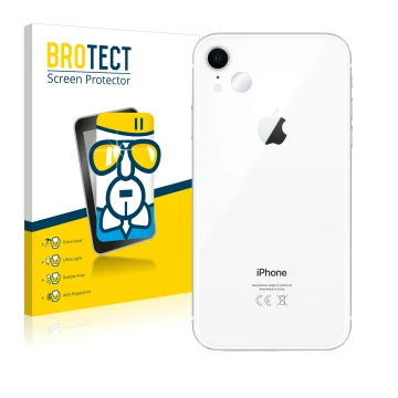 Front side of a product packaging with the brand logo BROTECT. Next to it is the device Apple iPhone XR (ONLY Camera Lens) sho
