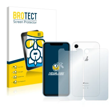 Front side of a product packaging with the brand logo BROTECT. Next to it is the device Apple iPhone XR (Front+Back) shown wit