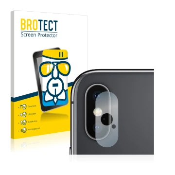 Front side of a product packaging with the brand logo BROTECT. Next to it is the device Apple iPhone Xs Max (ONLY Camera Lens)
