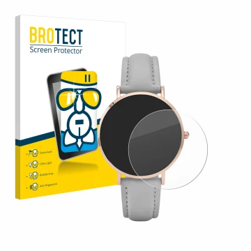 Front side of a product packaging with the brand logo BROTECT. Next to it is the device Cluse La Boheme (38 mm) shown with the