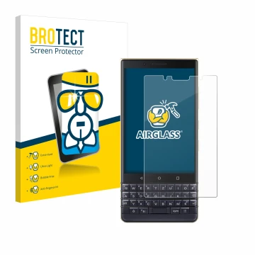 Front side of a product packaging with the brand logo BROTECT. Next to it is the device BlackBerry Key2 LE shown with the corr