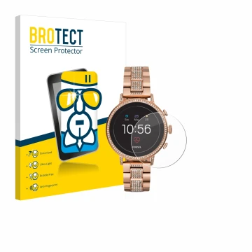 Front side of a product packaging with the brand logo BROTECT. Next to it is the device Fossil Q Venture HR (4.Gen) shown with