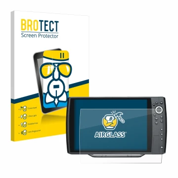 Front side of a product packaging with the brand logo BROTECT. Next to it is the device Humminbird Helix 12 shown with the cor