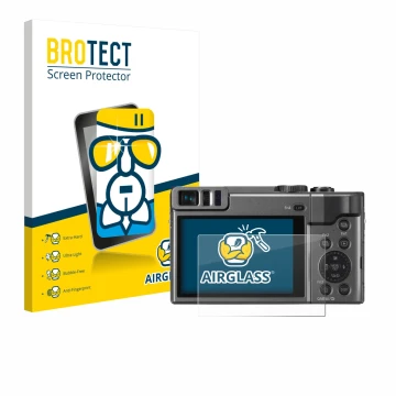 Front side of a product packaging with the brand logo BROTECT. Next to it is the device Panasonic Lumix DC-TZ90 shown with the