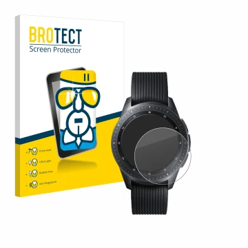 Front side of a product packaging with the brand logo BROTECT. Next to it is the device Samsung Galaxy Watch (42 mm) shown wit