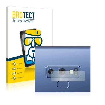 Front side of a product packaging with the brand logo BROTECT. Next to it is the device Samsung Galaxy Note 9 (ONLY Camera Len