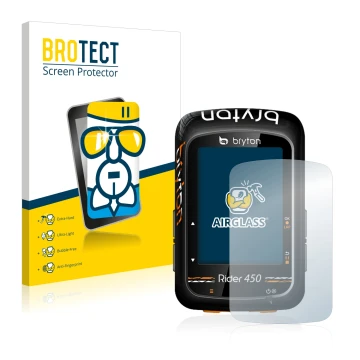 Front side of a product packaging with the brand logo BROTECT. Next to it is the device Bryton Rider 450 shown with the corres