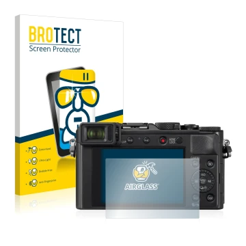 Front side of a product packaging with the brand logo BROTECT. Next to it is the device Panasonic Lumix DC-LX100 II shown with