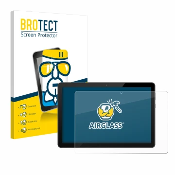 Front side of a product packaging with the brand logo BROTECT. Next to it is the device Huawei MediaPad T5 10 shown with the c