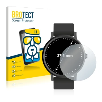 Front side of a product packaging with the brand logo BROTECT. Next to it is the device Watches (Circular, ø: 37.5 mm) shown w