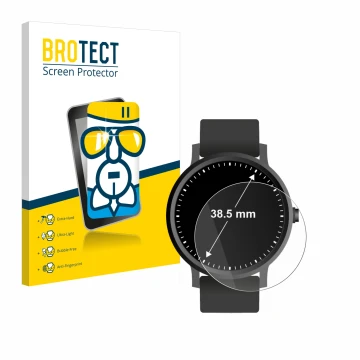 Front side of a product packaging with the brand logo BROTECT. Next to it is the device Watches (Circular, ø: 38.5 mm) shown w